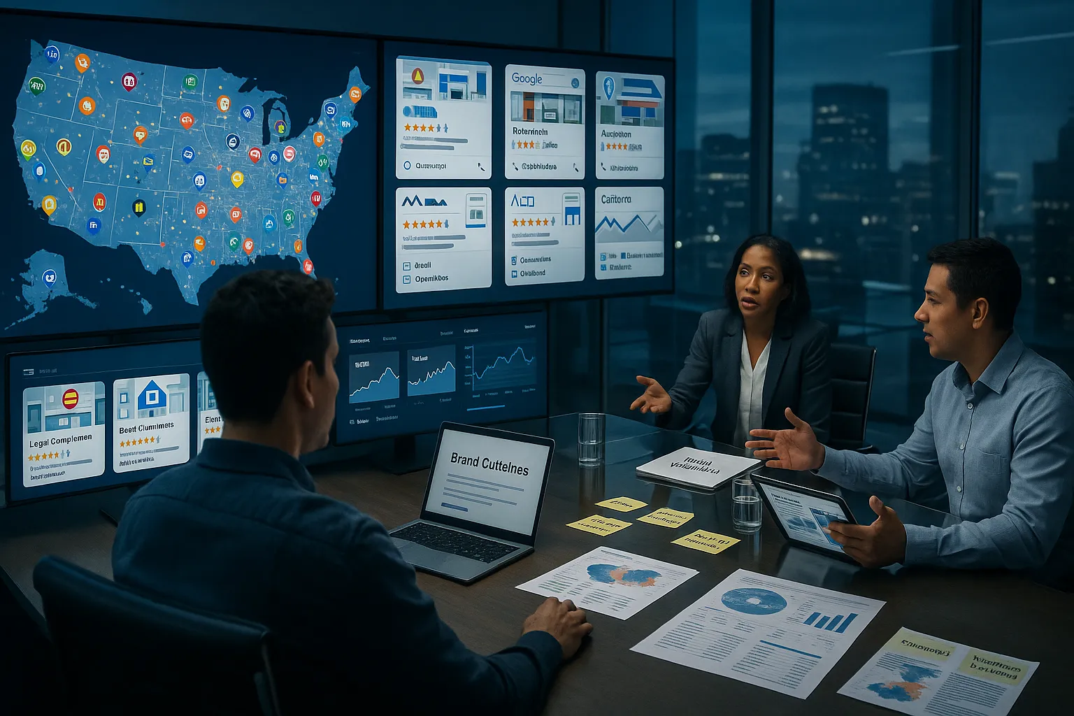 Marketing team reviews U.S. multi-location local SEO data on large office screens.