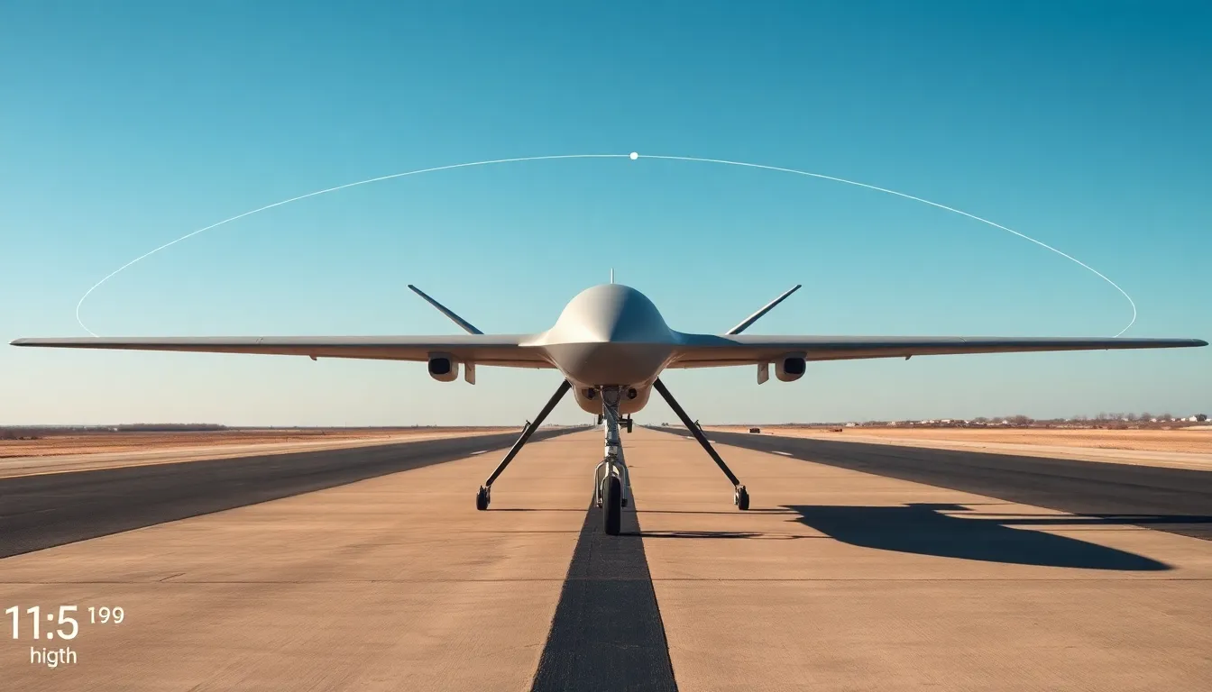 long-distance drone on an airstrip under a clear sky.