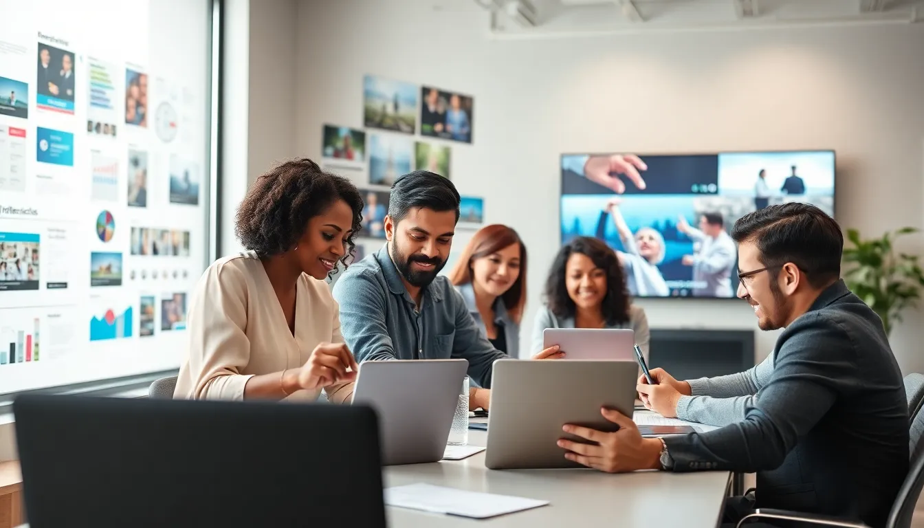 diverse professionals collaborating in a bright, modern multimedia workspace.