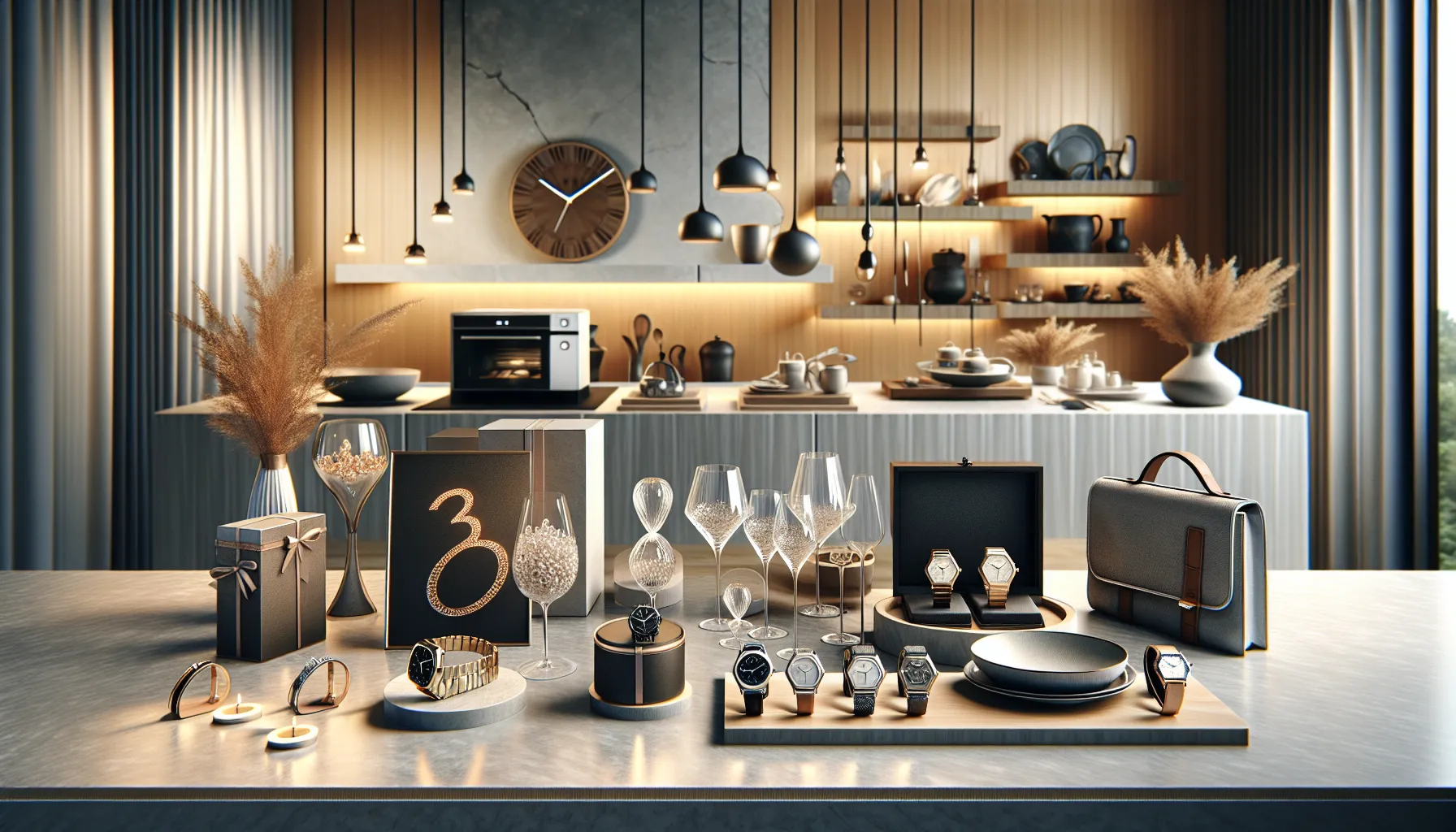 A modern display of various anniversary gifts on a marble table.