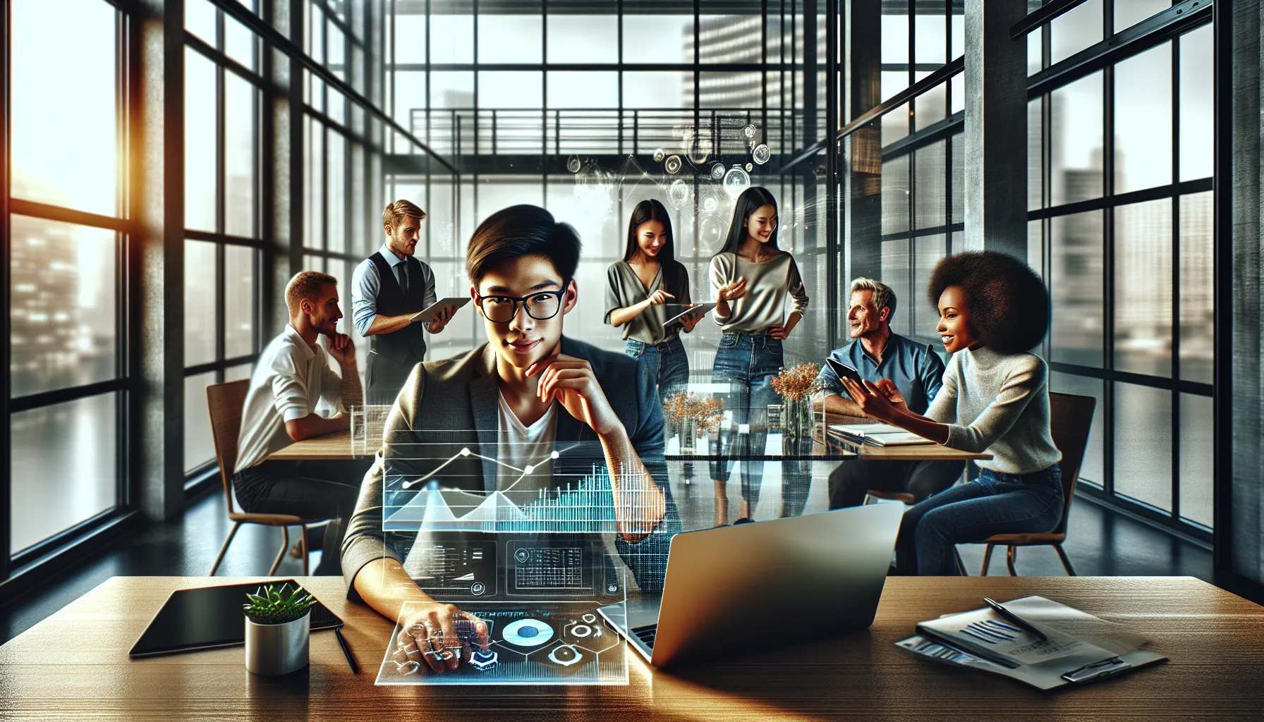 Diverse team strategizing over social media metrics in a modern office.