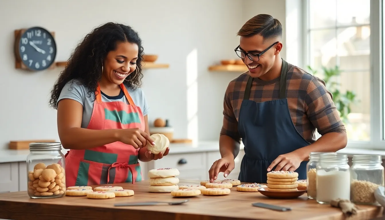 diverse bakers creating cookies in a cozy kitchen.