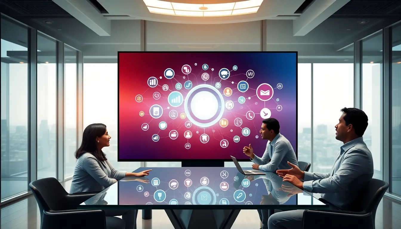 diverse professionals discussing ideas in a modern digital workspace.