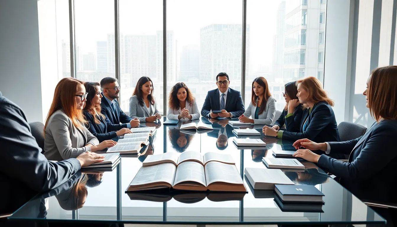 diverse scholars discussing Иеяеиэеа in a modern office.