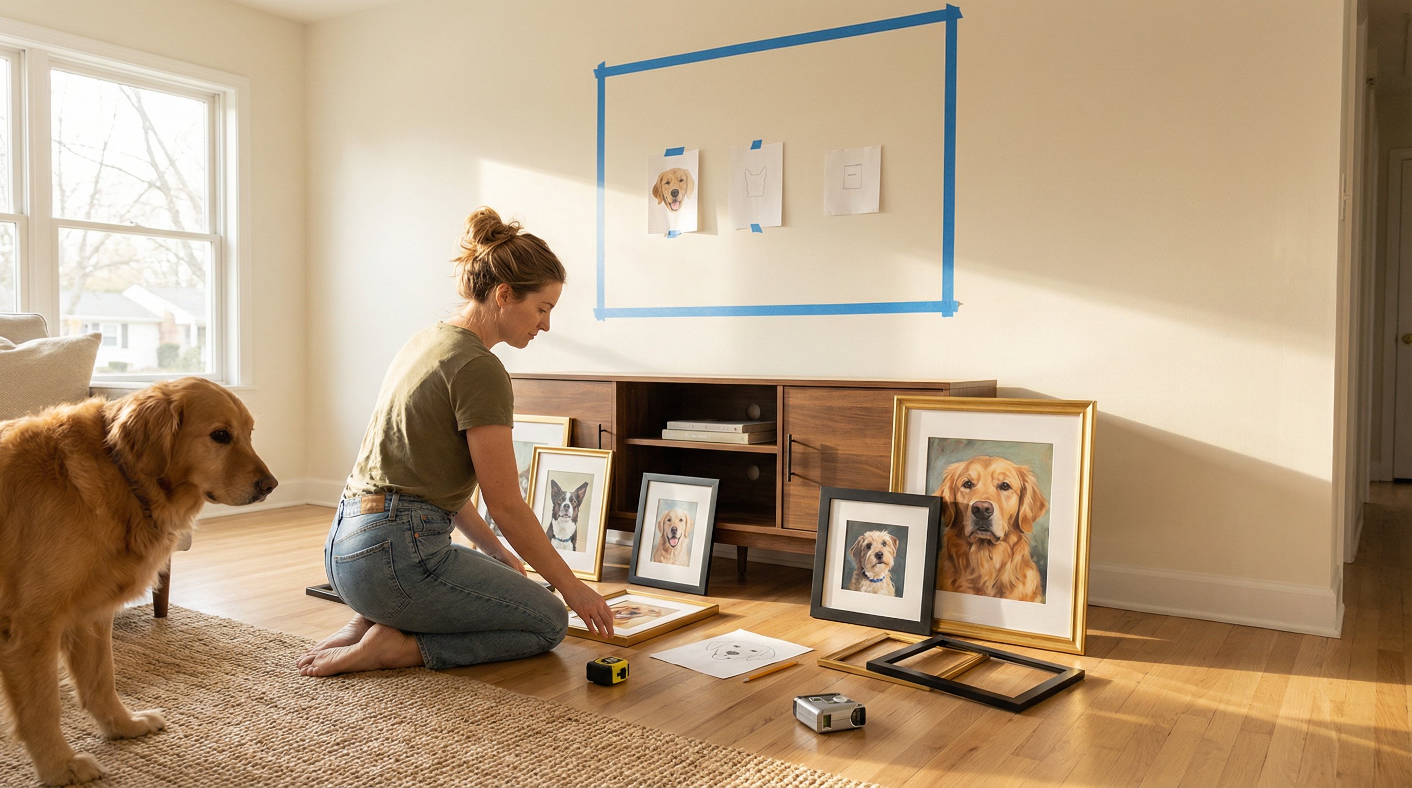 Woman planning a gallery wall layout with framed dog portraits on the floor.