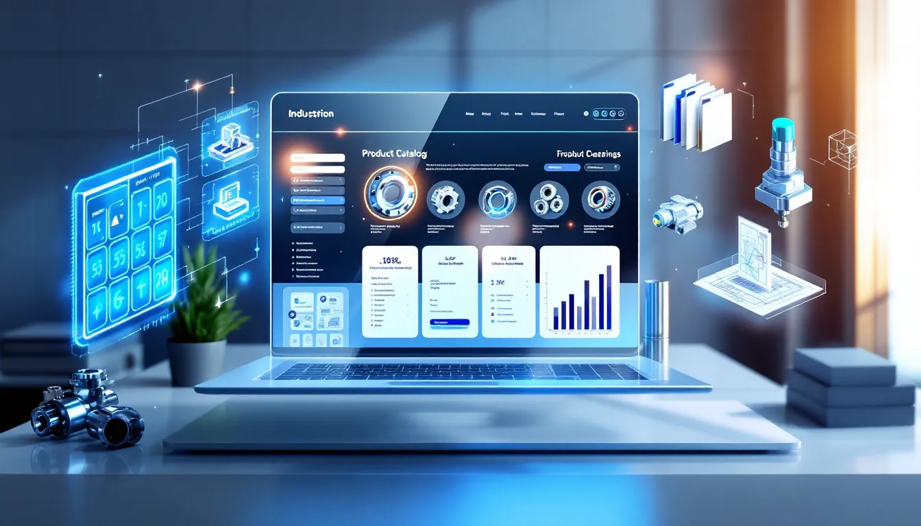 3D render of industrial website interface with product catalogs and interactive tools