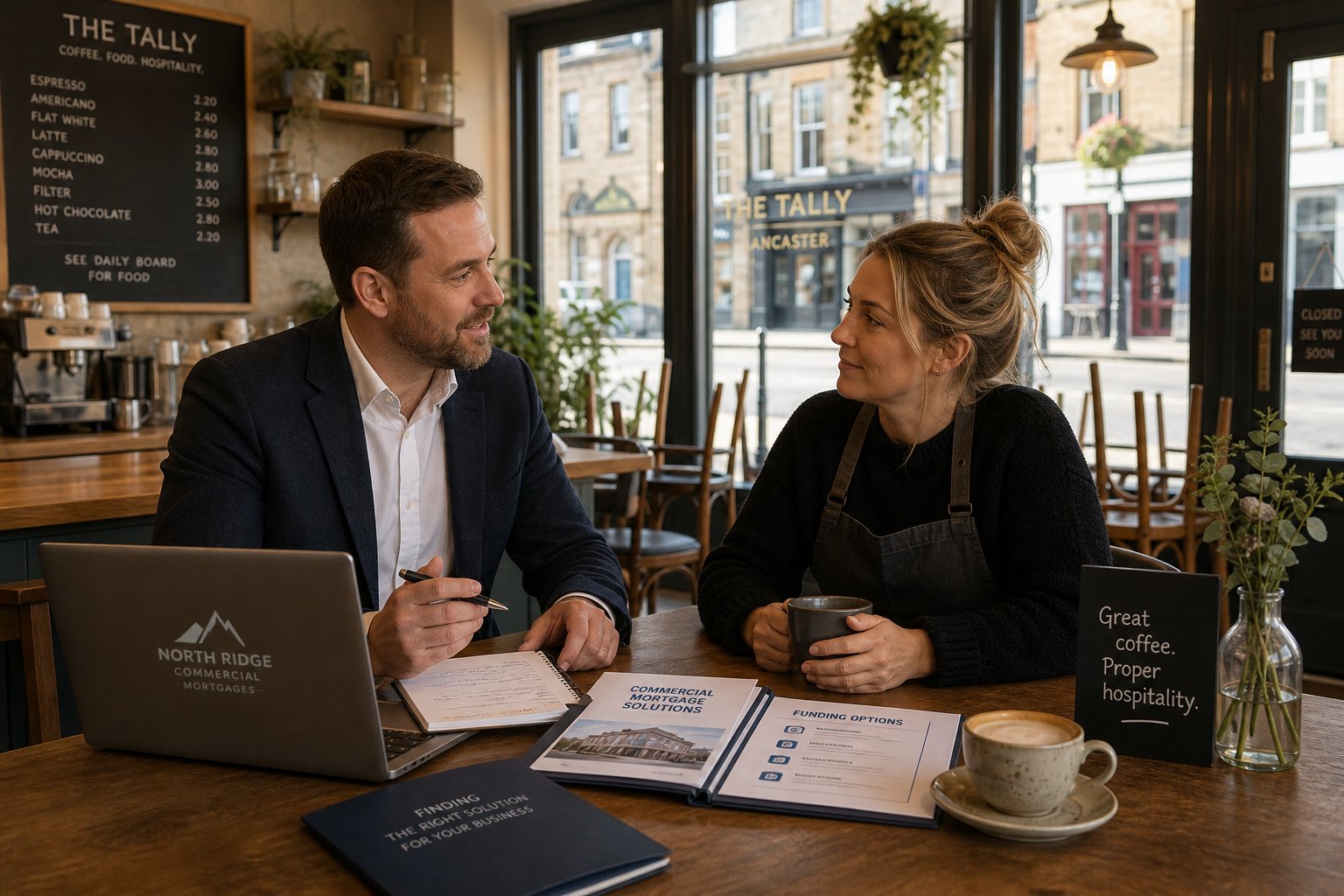 Commercial mortgage broker meeting a caf&eacute; owner to discuss financing in a bright interior.