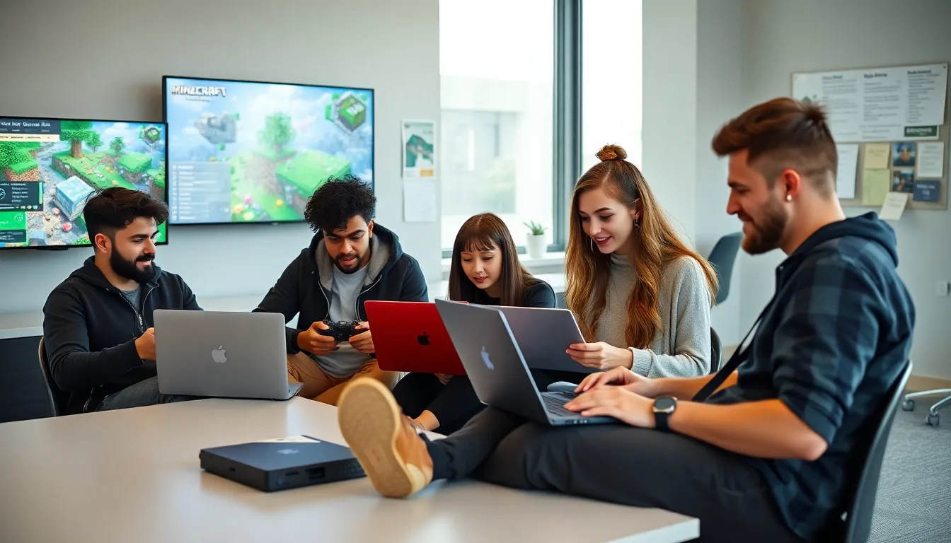 diverse team collaborating on Minecraft Redwebzine Java in a modern office.