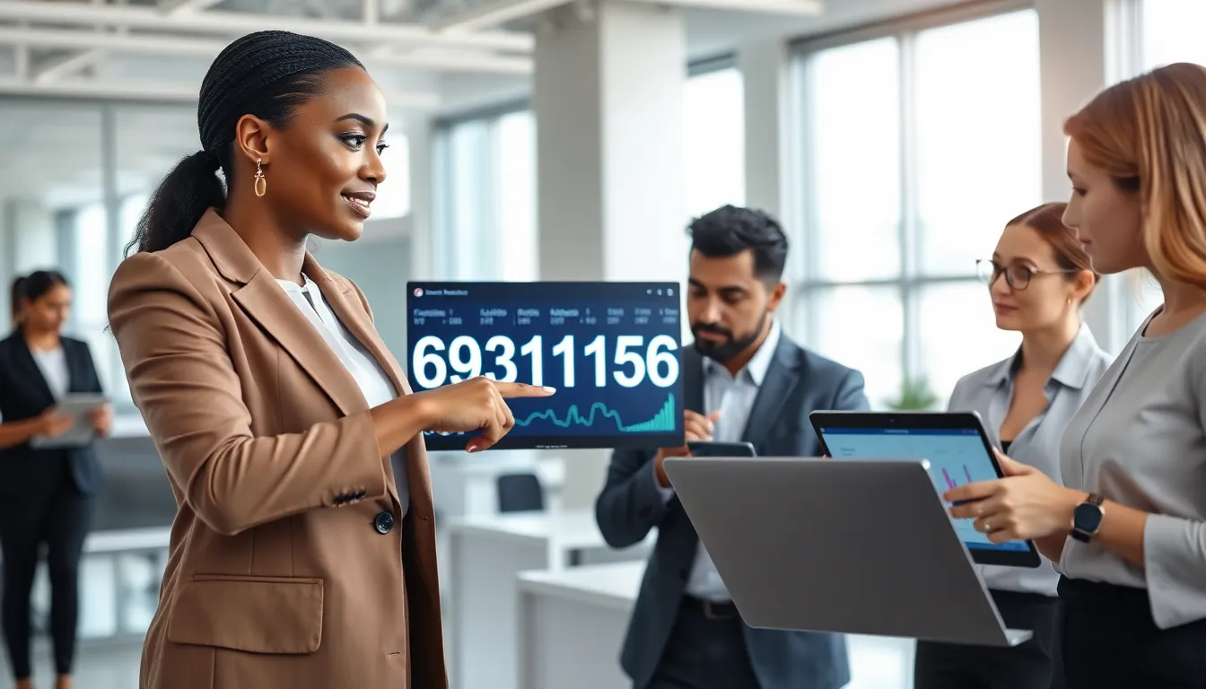diverse team analyzing data in a modern office setting.