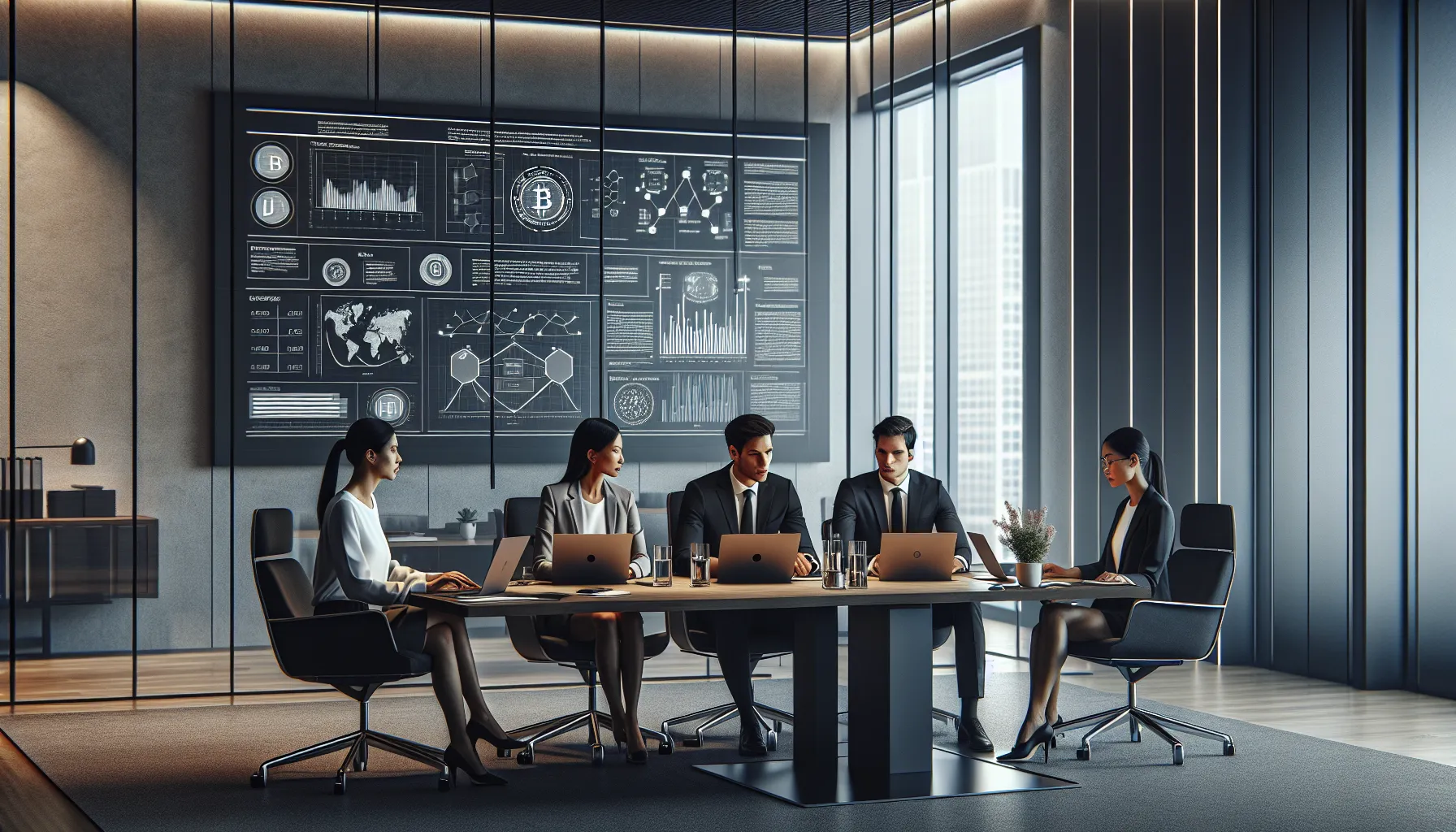 diverse team discussing cryptocurrency regulations in a modern office.