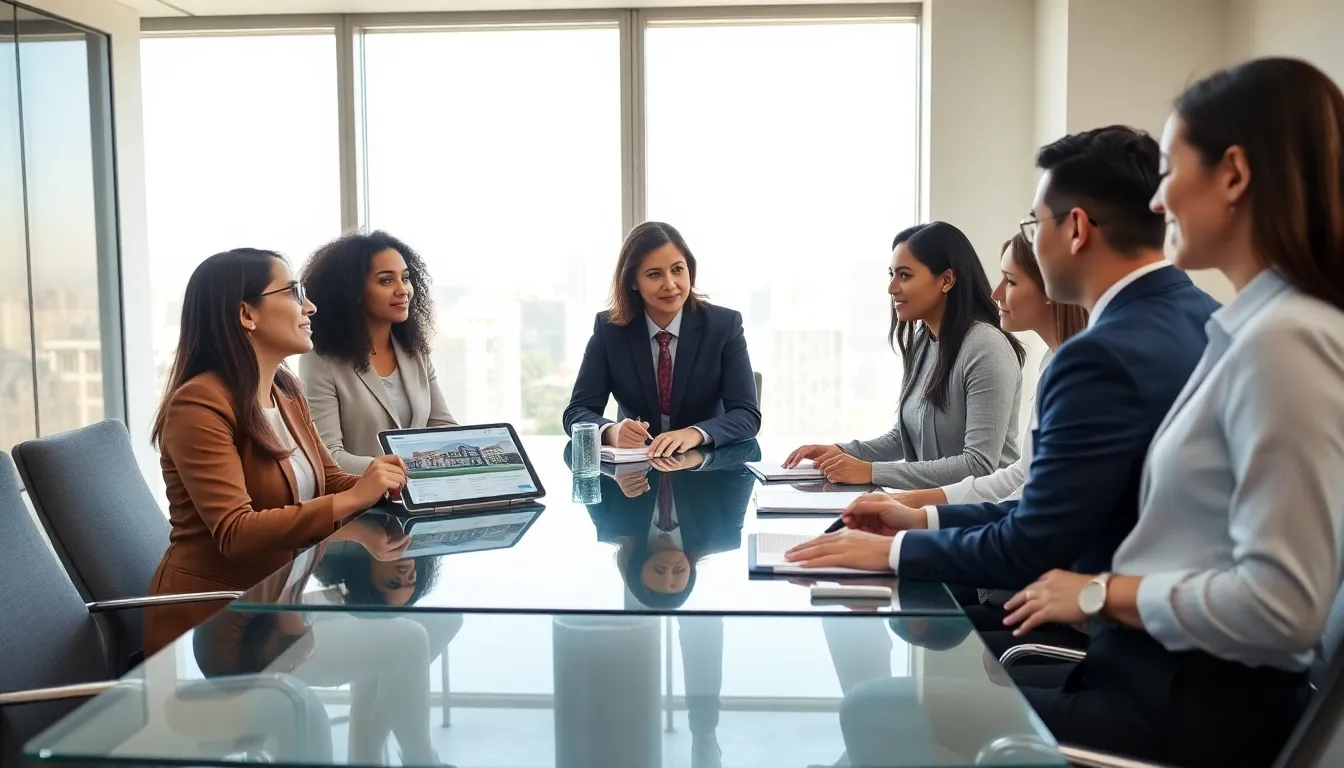 diverse real estate team collaborating in a modern office setting.