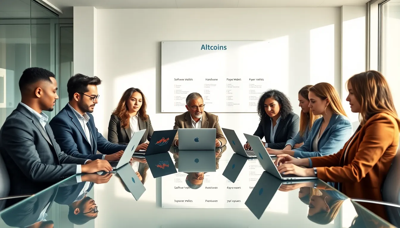 professionals discussing altcoin wallets in a modern office setting.