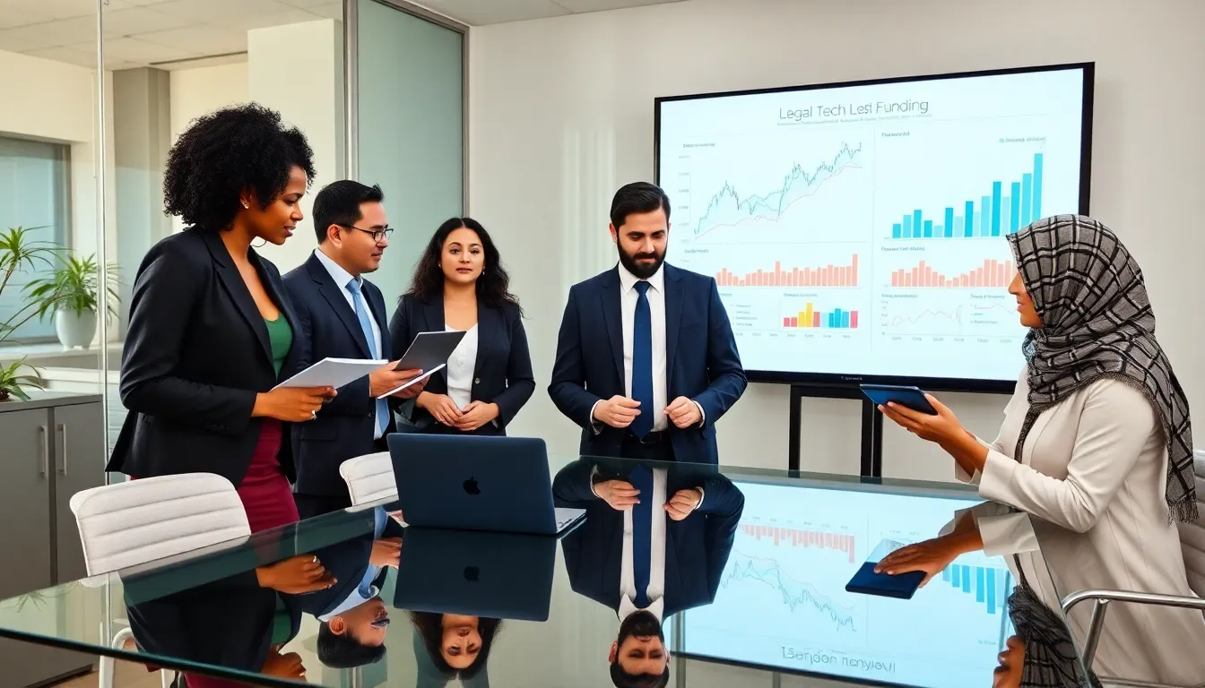 team discussing legal tech funding in a modern office.