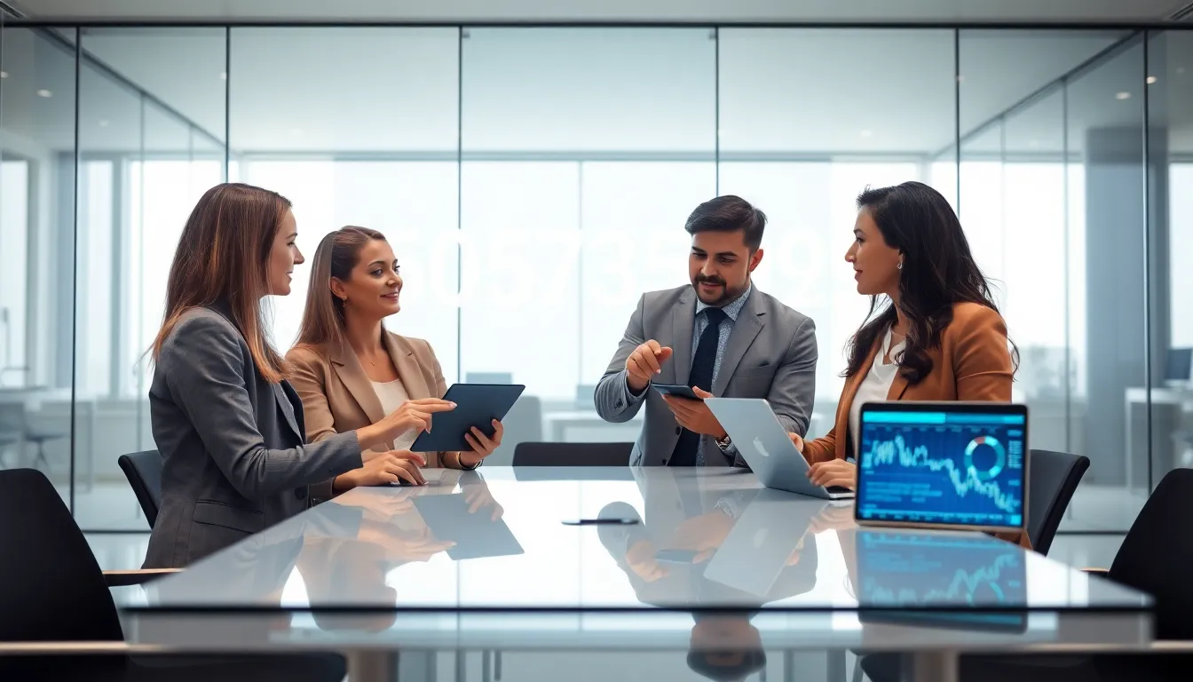 professionals discussing data in a modern office setting.