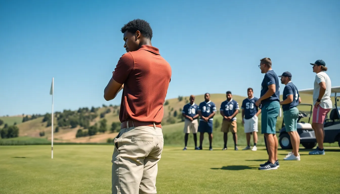 a football player watching a golfer on a sunny golf course.