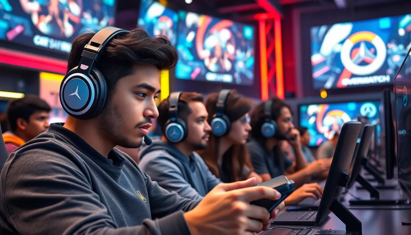 diverse gamers competing in a modern esports arena.