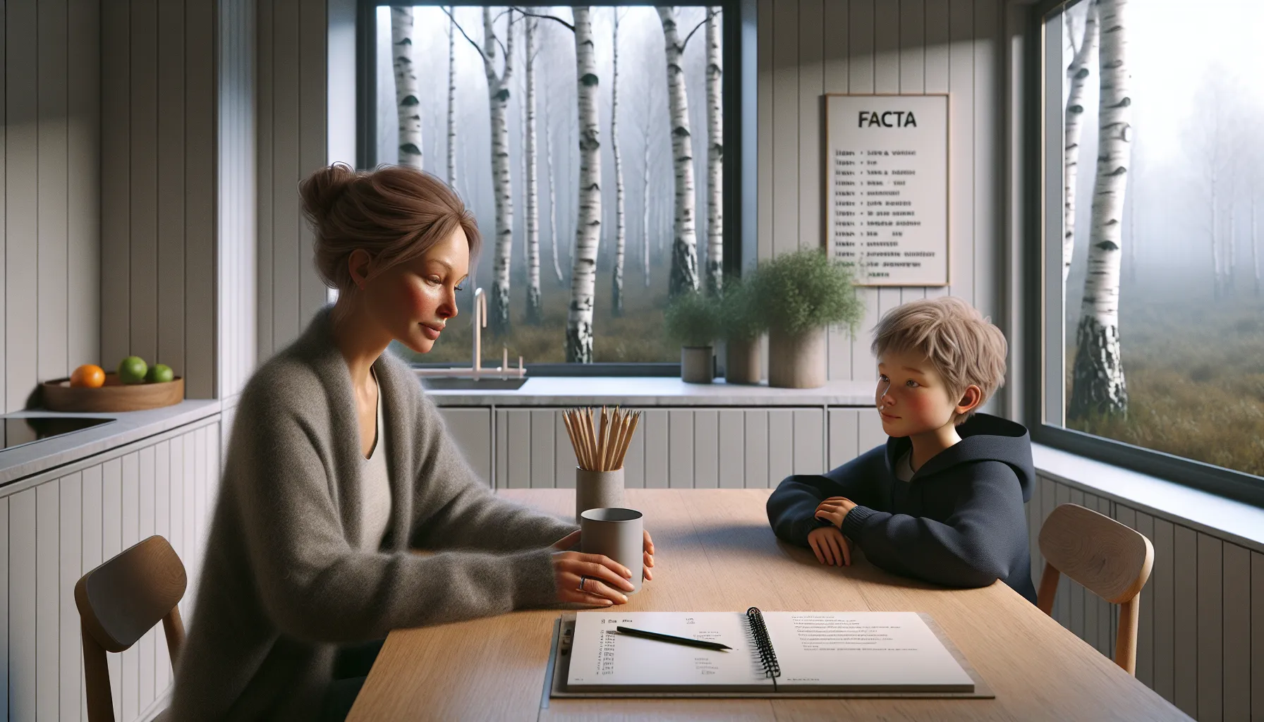 Calm norwegian parent listens to child about bullying with facts noted on table.
