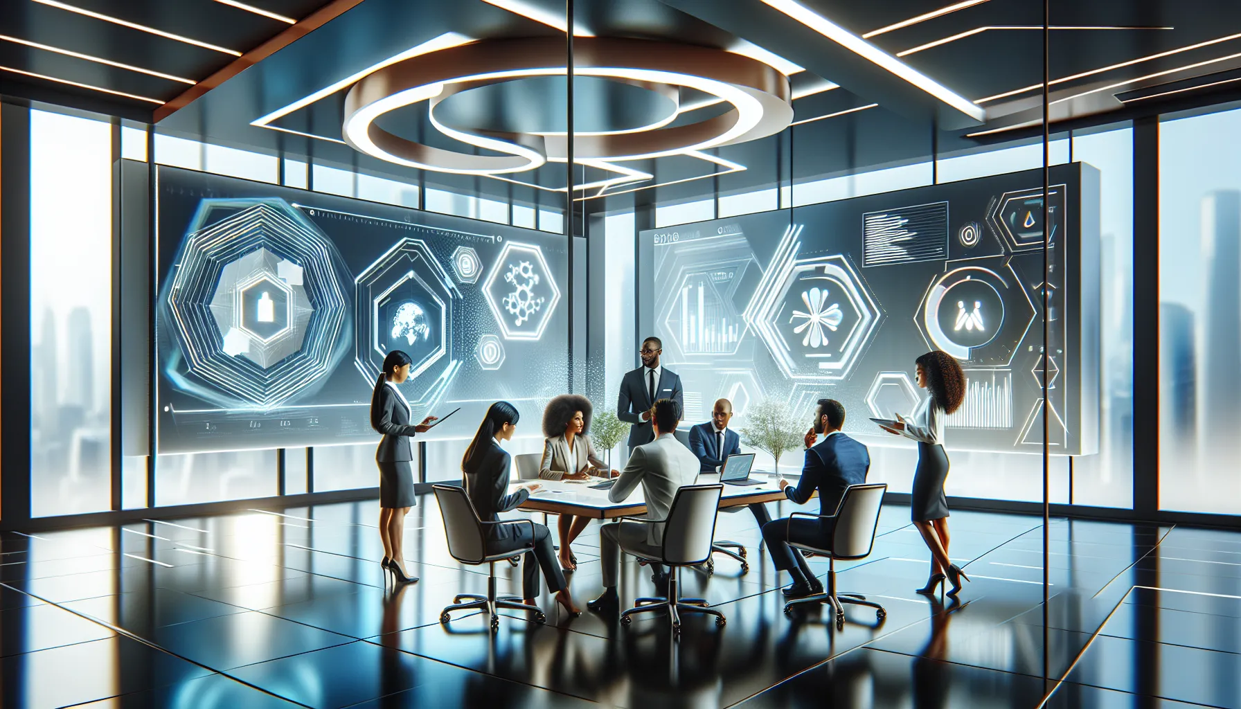 diverse team discussing digital communication in a modern office.