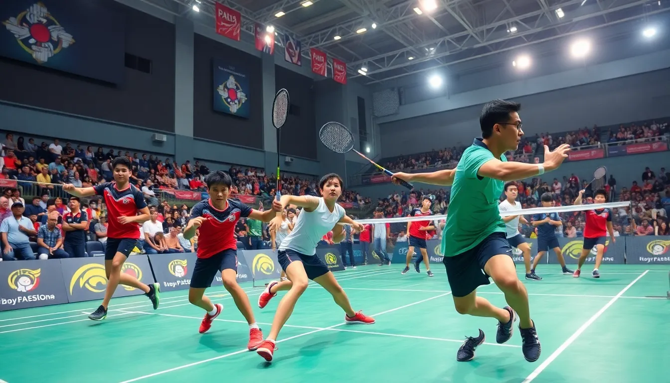 intense badminton match in a modern sports arena.
