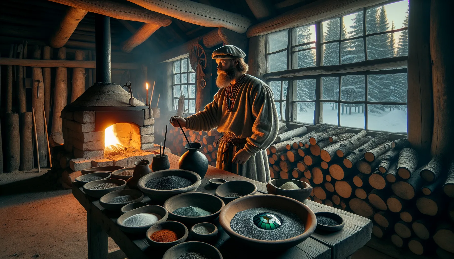 Norwegian medieval glassblower spins a green crown-glass disc in a forest workshop.