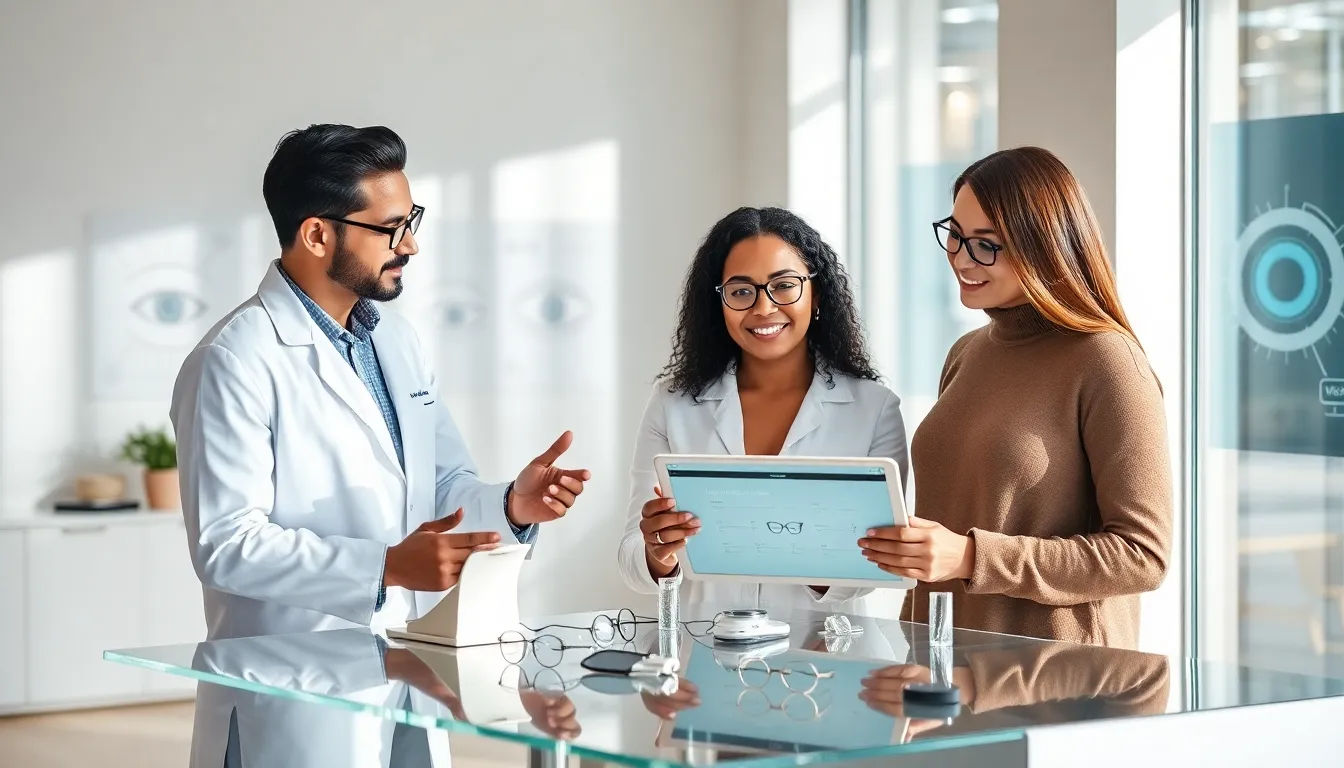 eye care professional consulting with a diverse couple in a modern office.