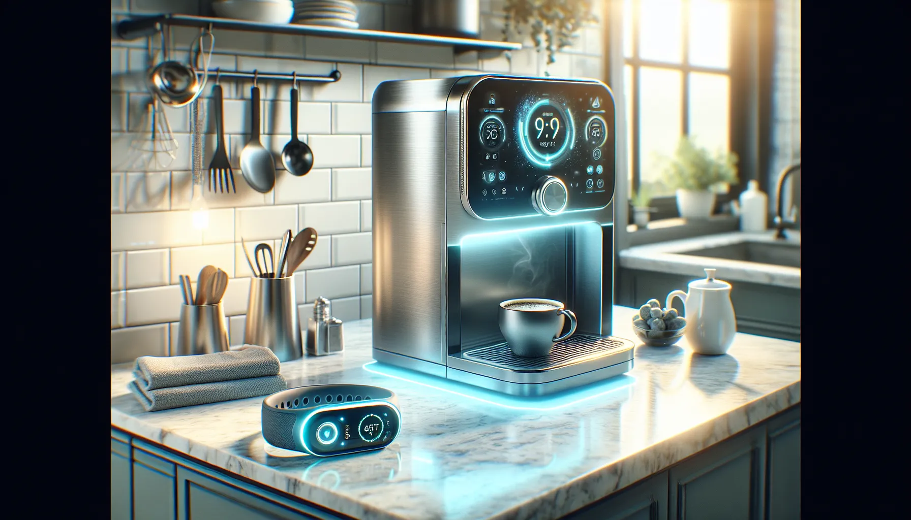 modern kitchen with high-tech coffee machine and gadgets.