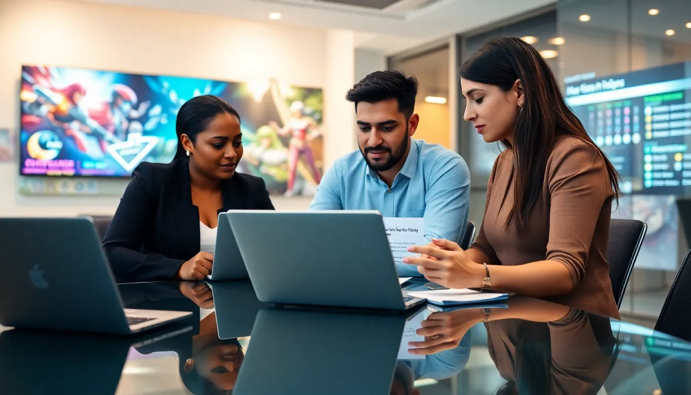 diverse team collaborating on emails in a modern office.