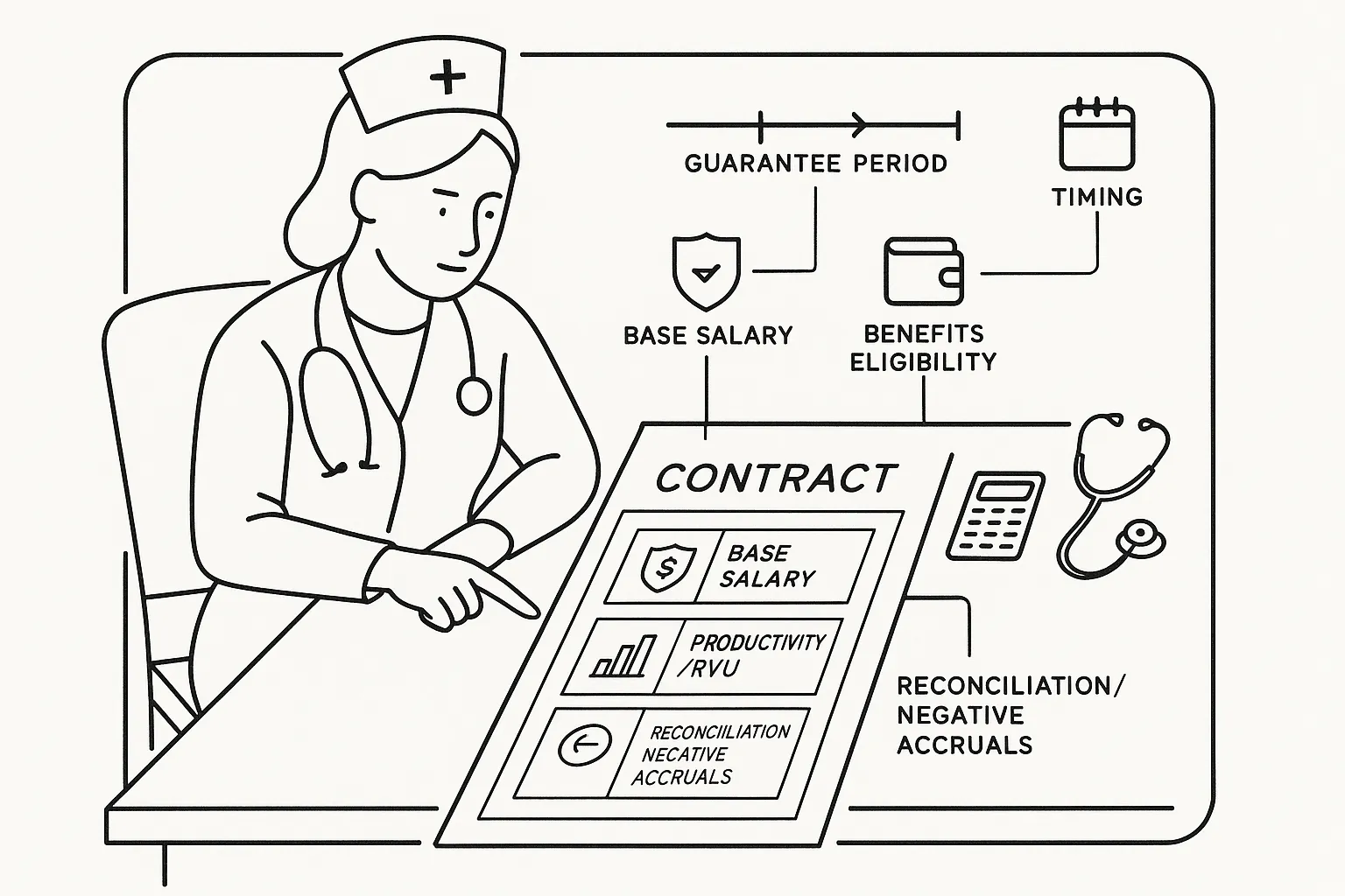 Nurse practitioner reviewing a contract with finance and benefits icons.