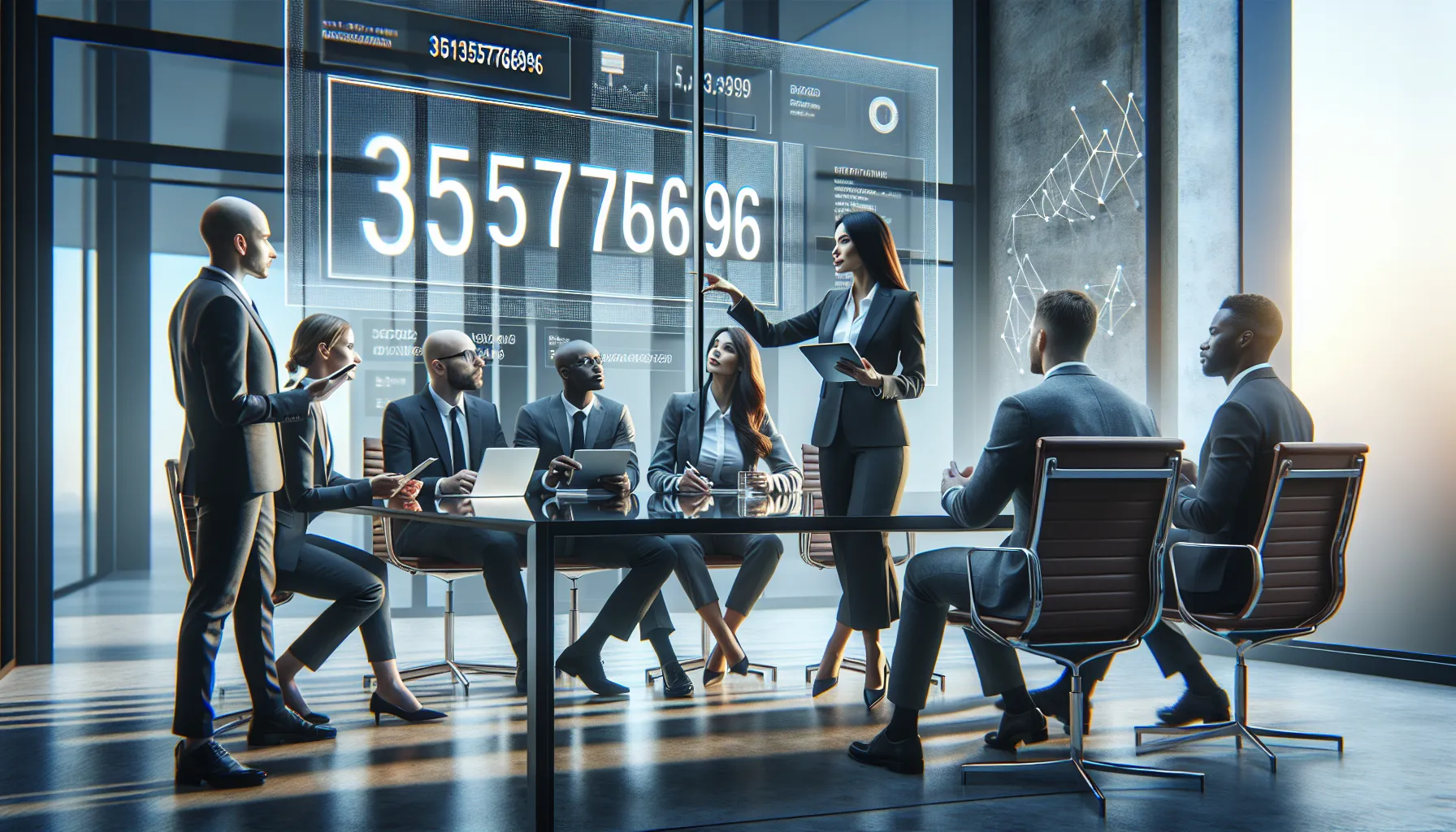 team discussing the significance of the number 3513576796 in a modern office.