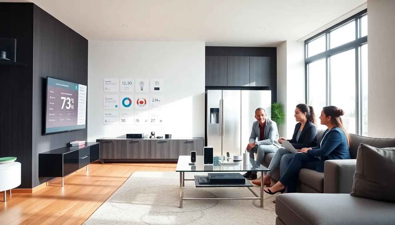 diverse professionals discussing IoT devices in a modern smart home setting.
