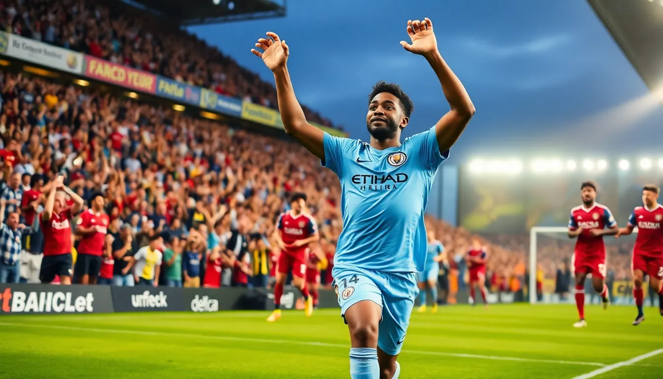 A football player celebrating a goal in a lively stadium full of fans.