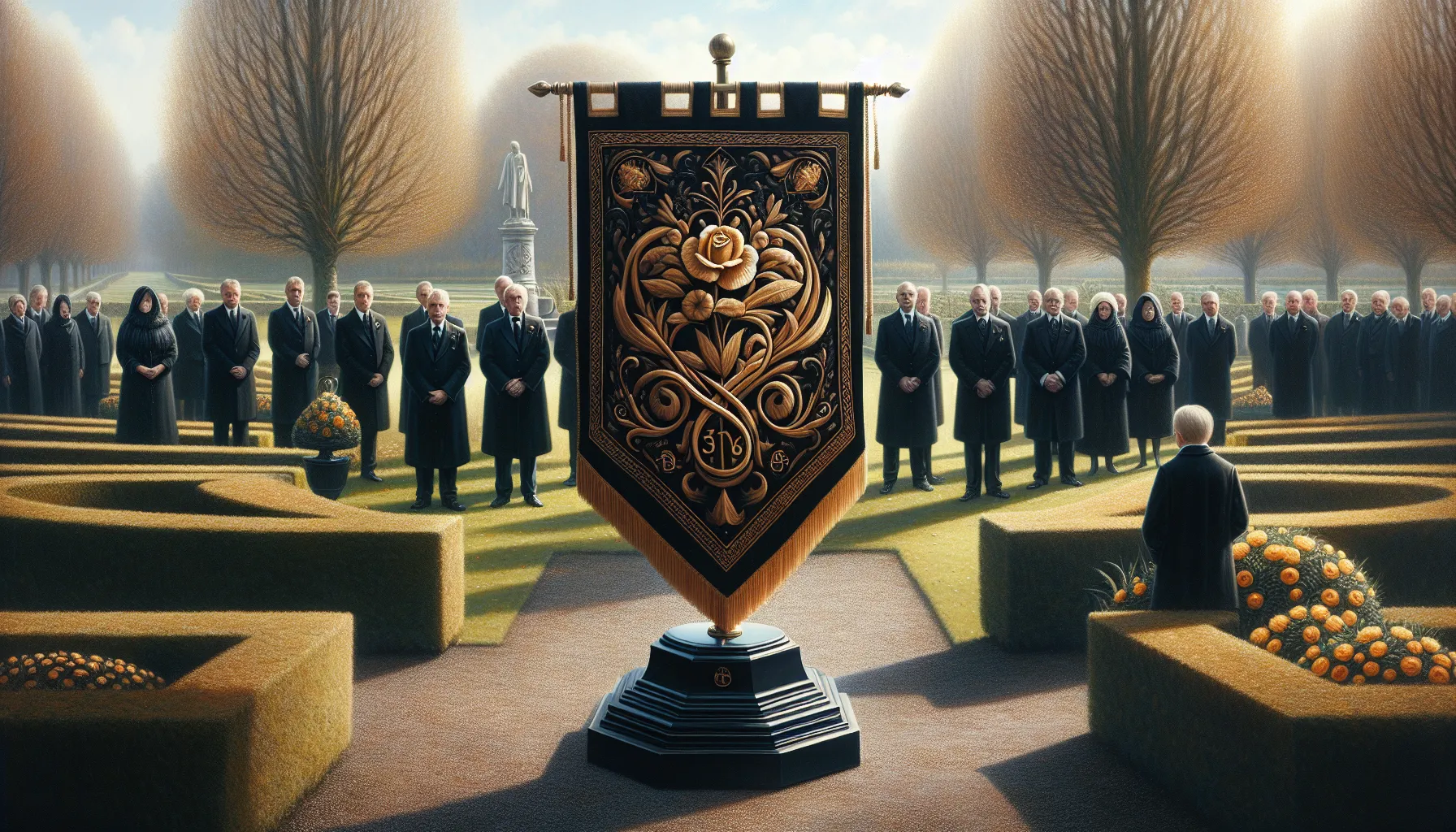 funeral procession flag displayed at a solemn outdoor ceremony.