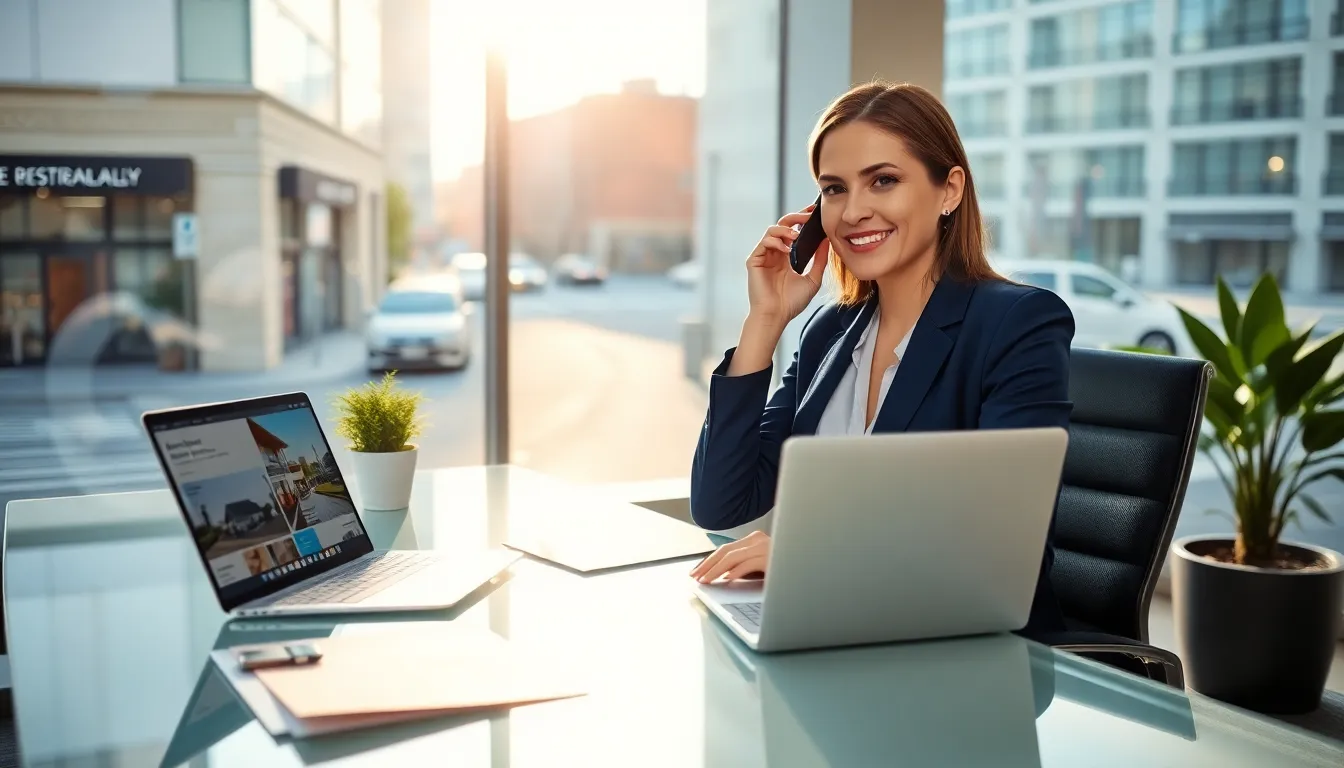 a real estate agent talking on the phone in a modern office.