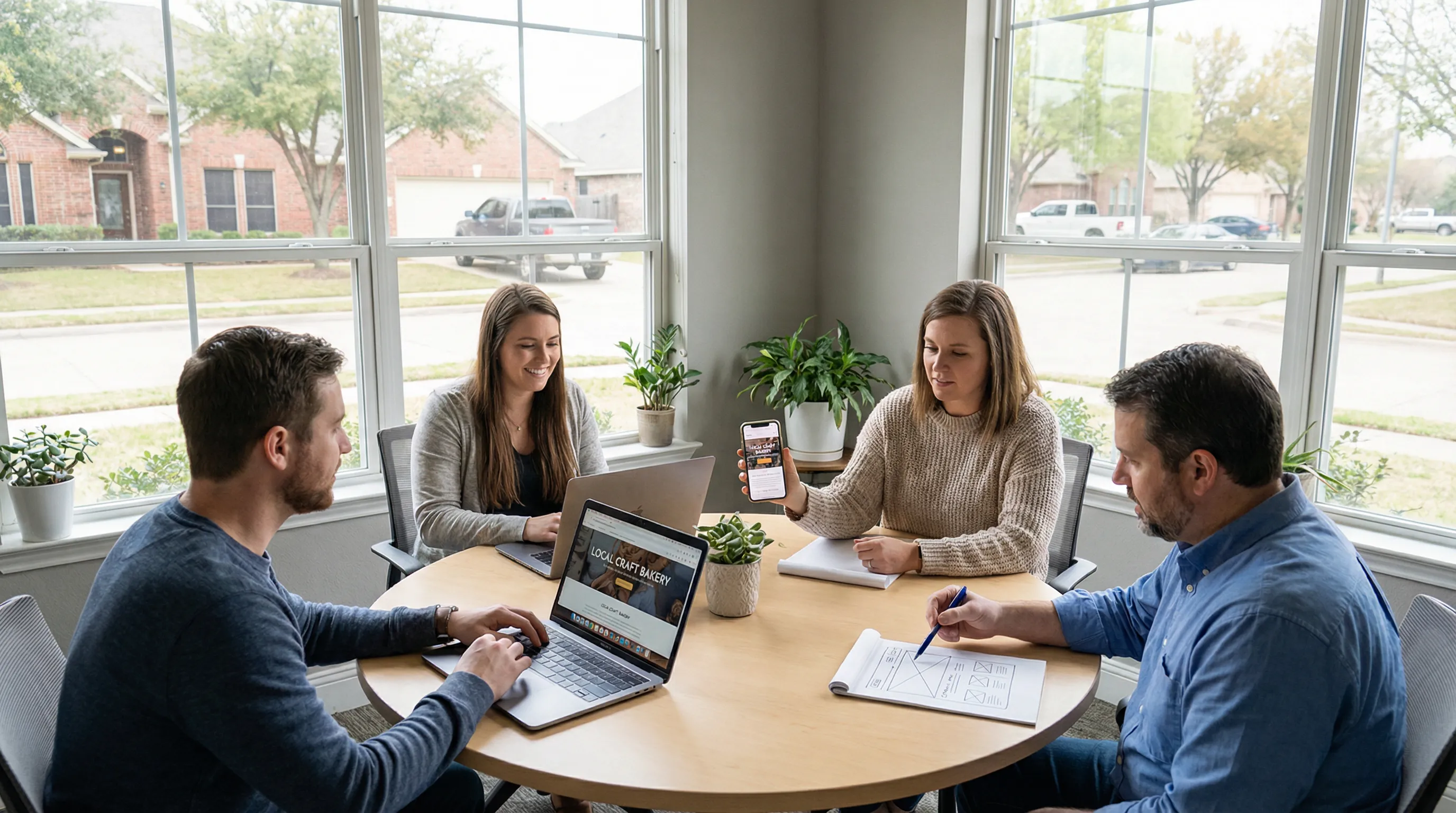Web development team collaborating at a modern table with laptops, a tablet, and phone showing a mobile-friendly website in a bright office overlooking a suburban Texas streetscape.