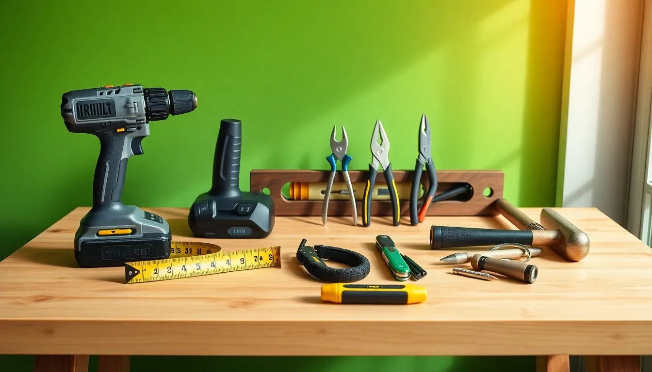 a workspace with essential DIY tools on a wooden bench.