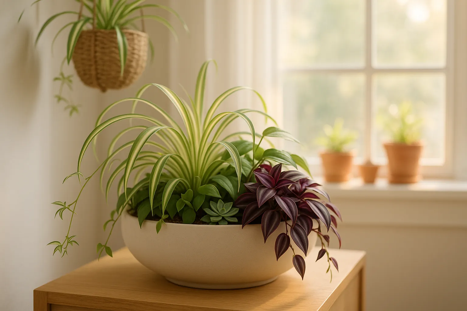 Spider plant and purple Tradescantia together in a neutral ceramic planter near a window.