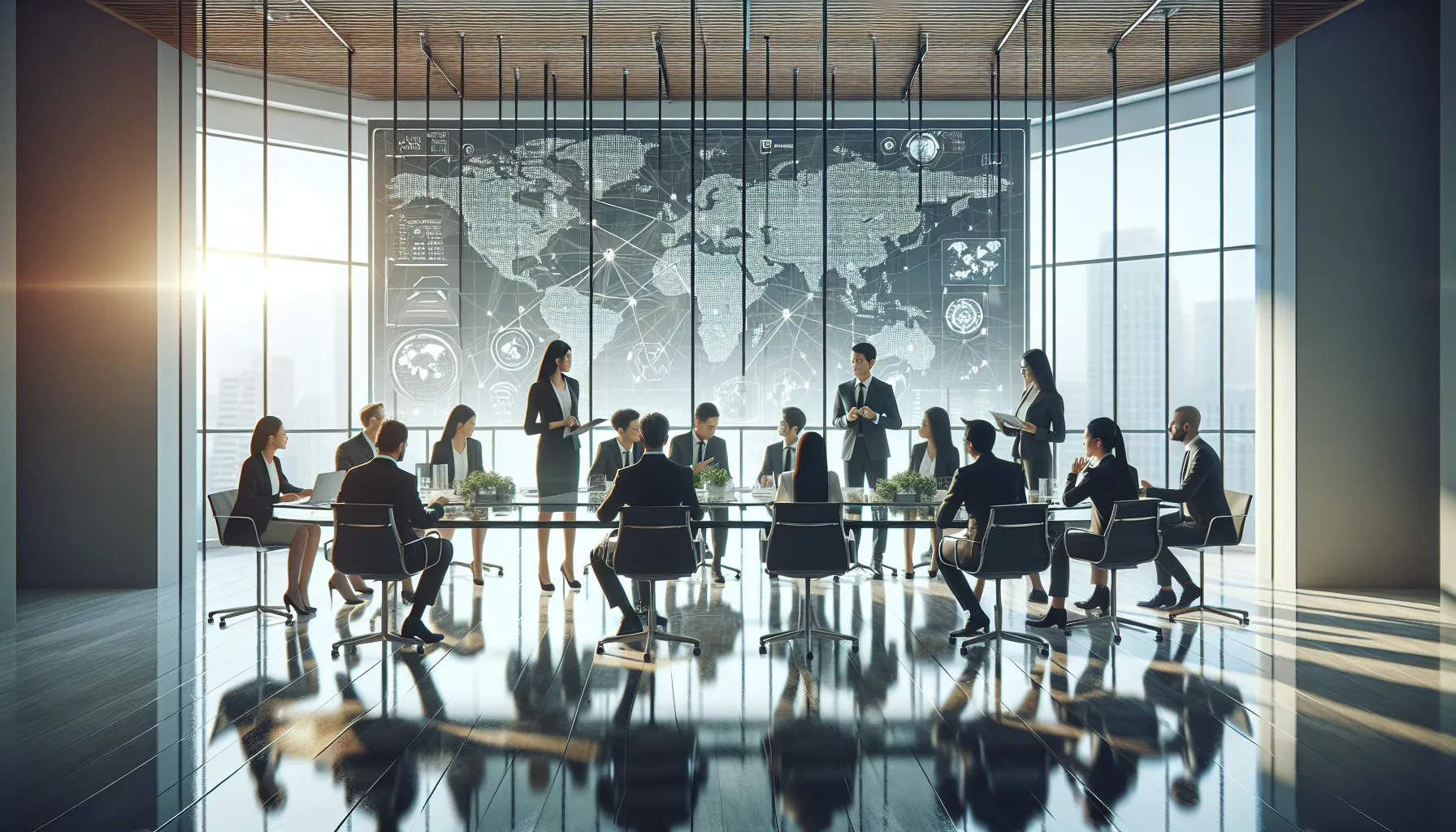 professionals discussing cybersecurity and geolocation in a modern office.