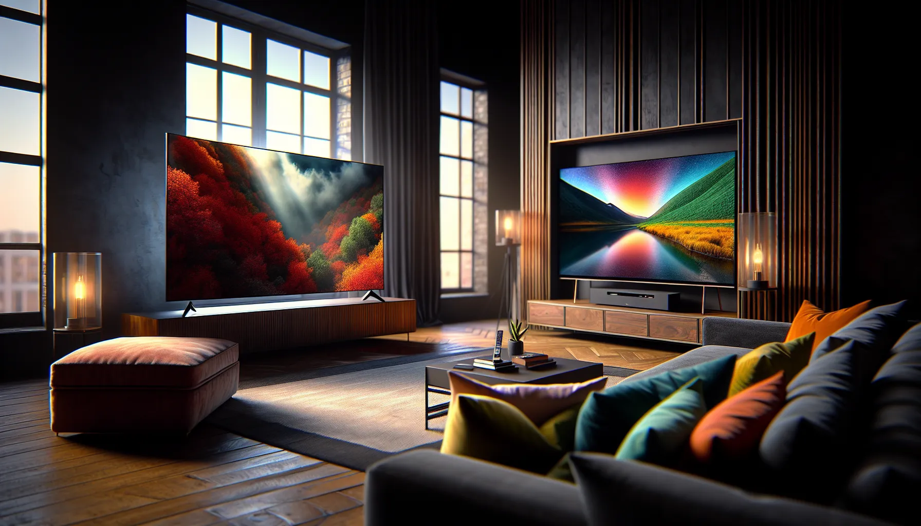 A side-by-side comparison of OLED and QLED TVs in a living room.