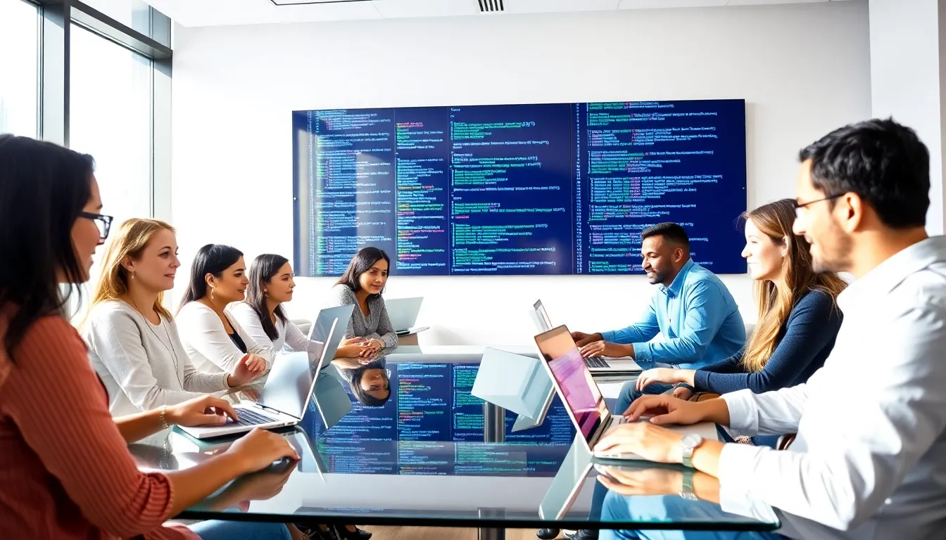 diverse team discussing programming languages in a modern office.