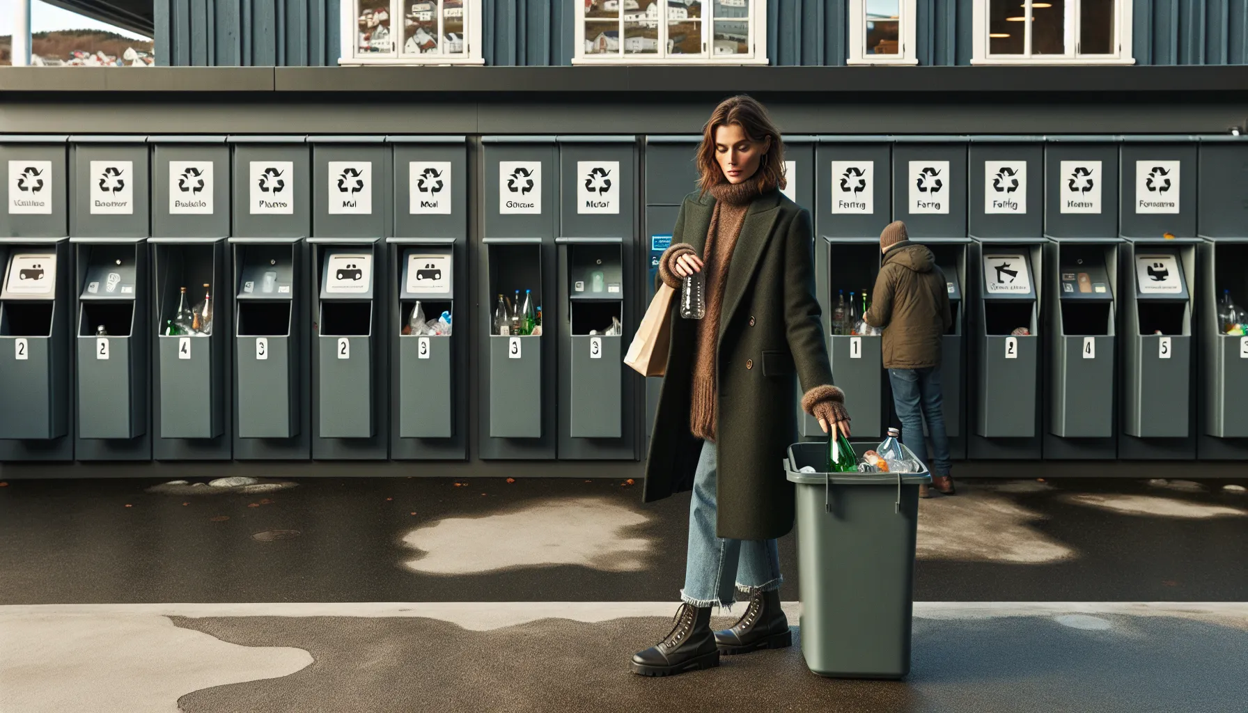 Norwegian residents sorting recycling at a clean outdoor return station in a coastal town.