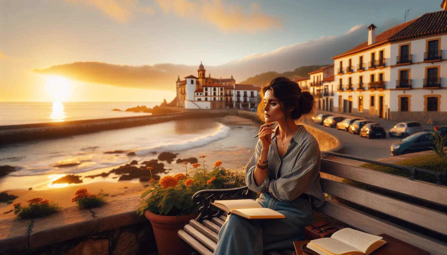 A person reflecting and learning by the coast in a tranquil Spanish town.