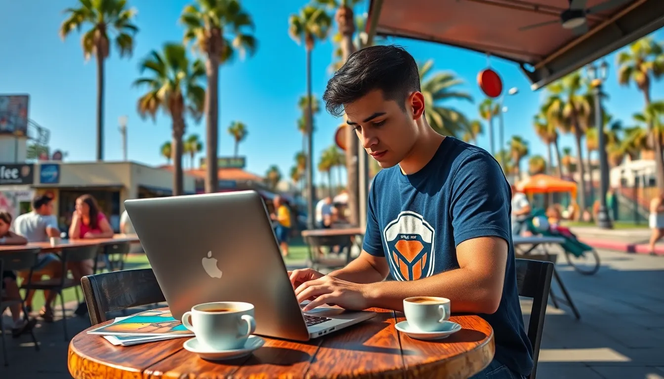 A young sports journalist working outside a café in Southern California.