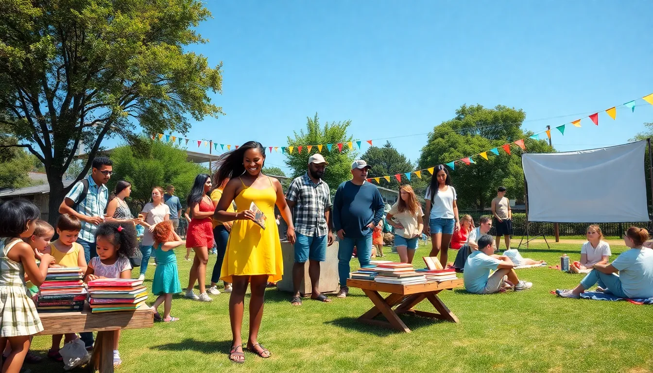 a community park with people enjoying various thrifty events.