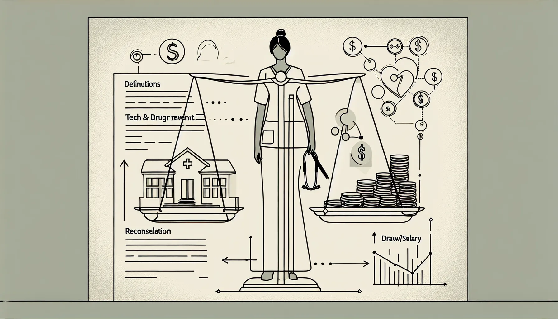 Veterinarian comparing corporate building and clinic on a balance scale with contract.