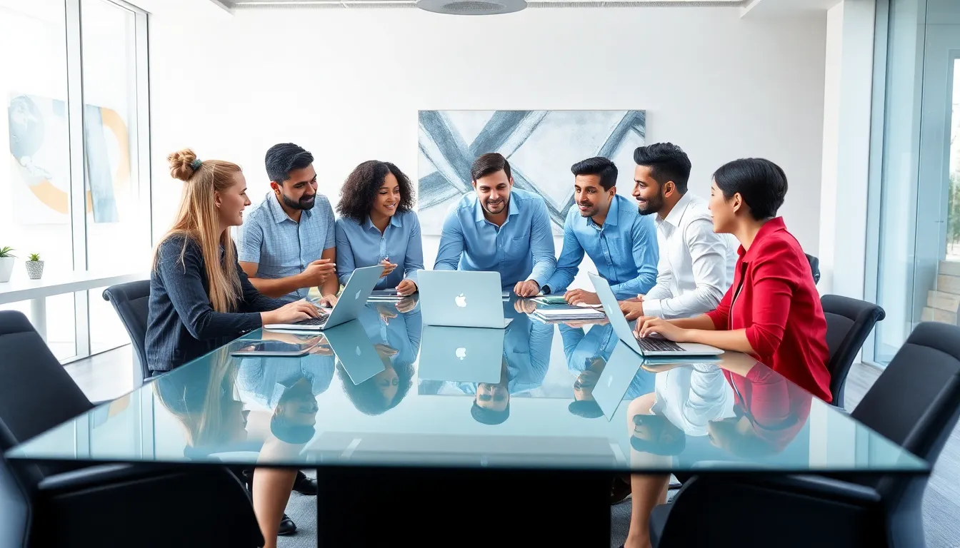 diverse professionals collaborating in a modern office setting.