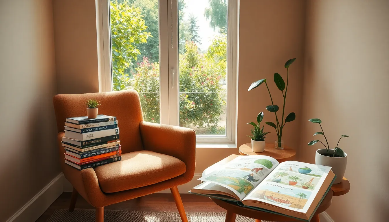Cozy reading nook with sustainable living books and a garden view.