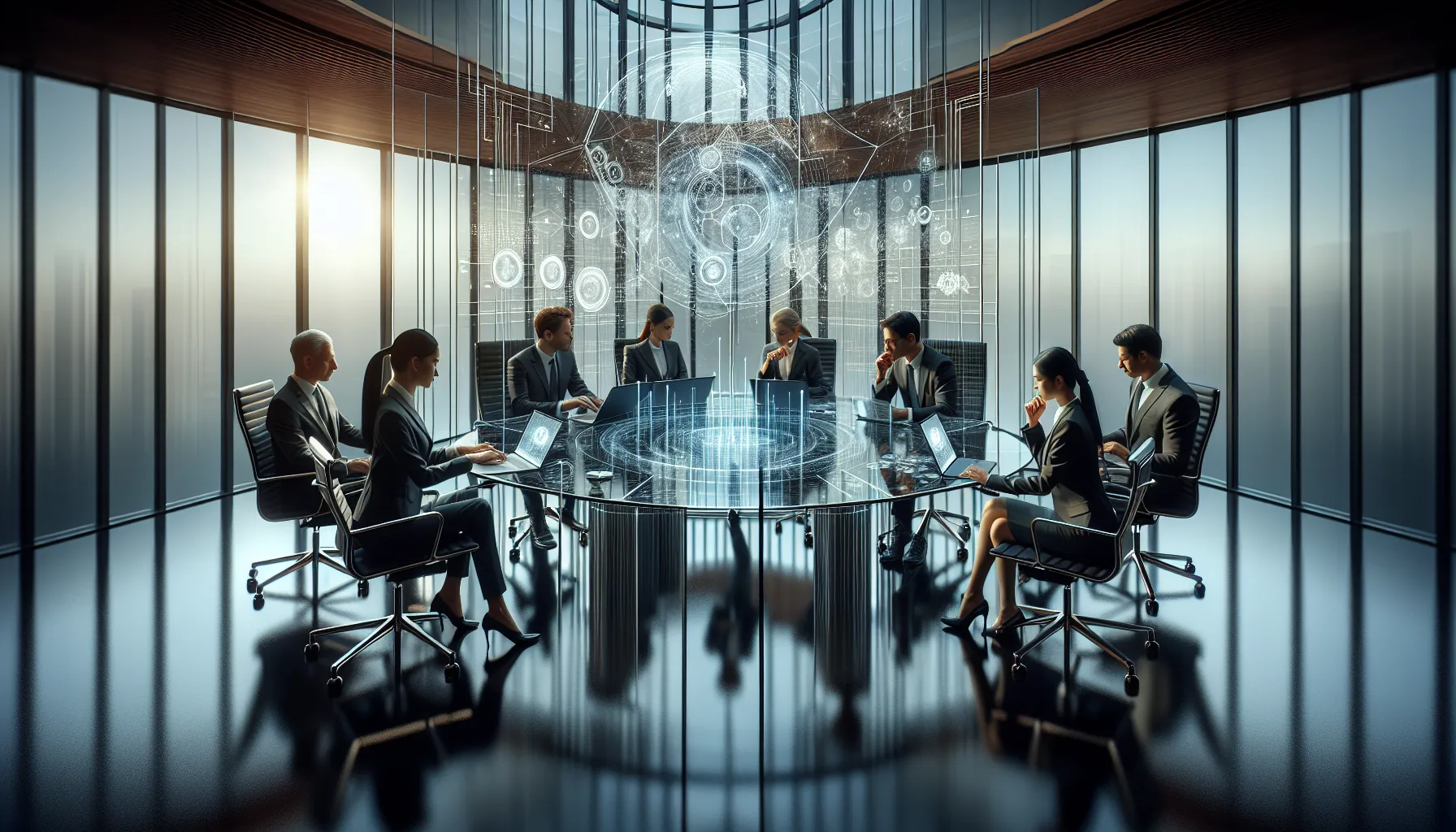diverse professionals discussing digital security in a modern office.