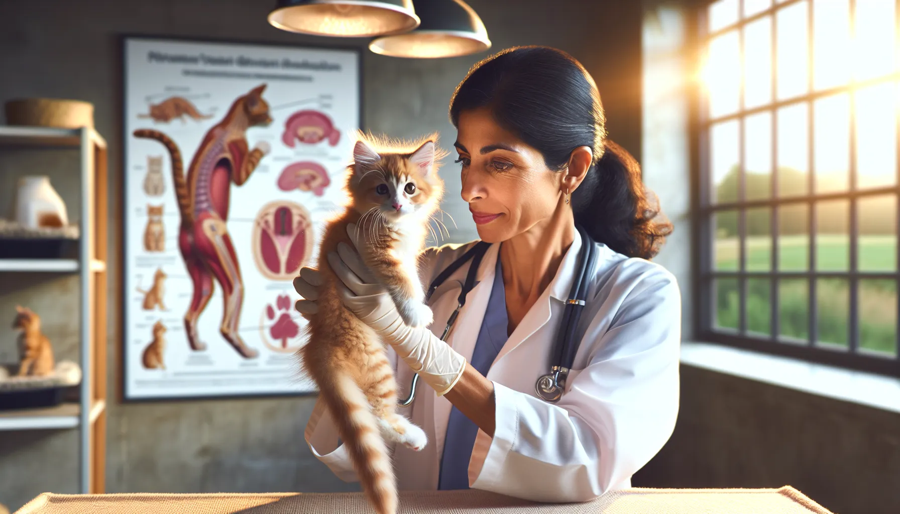 a veterinarian examining the genital area of a kitten in a vet clinic.