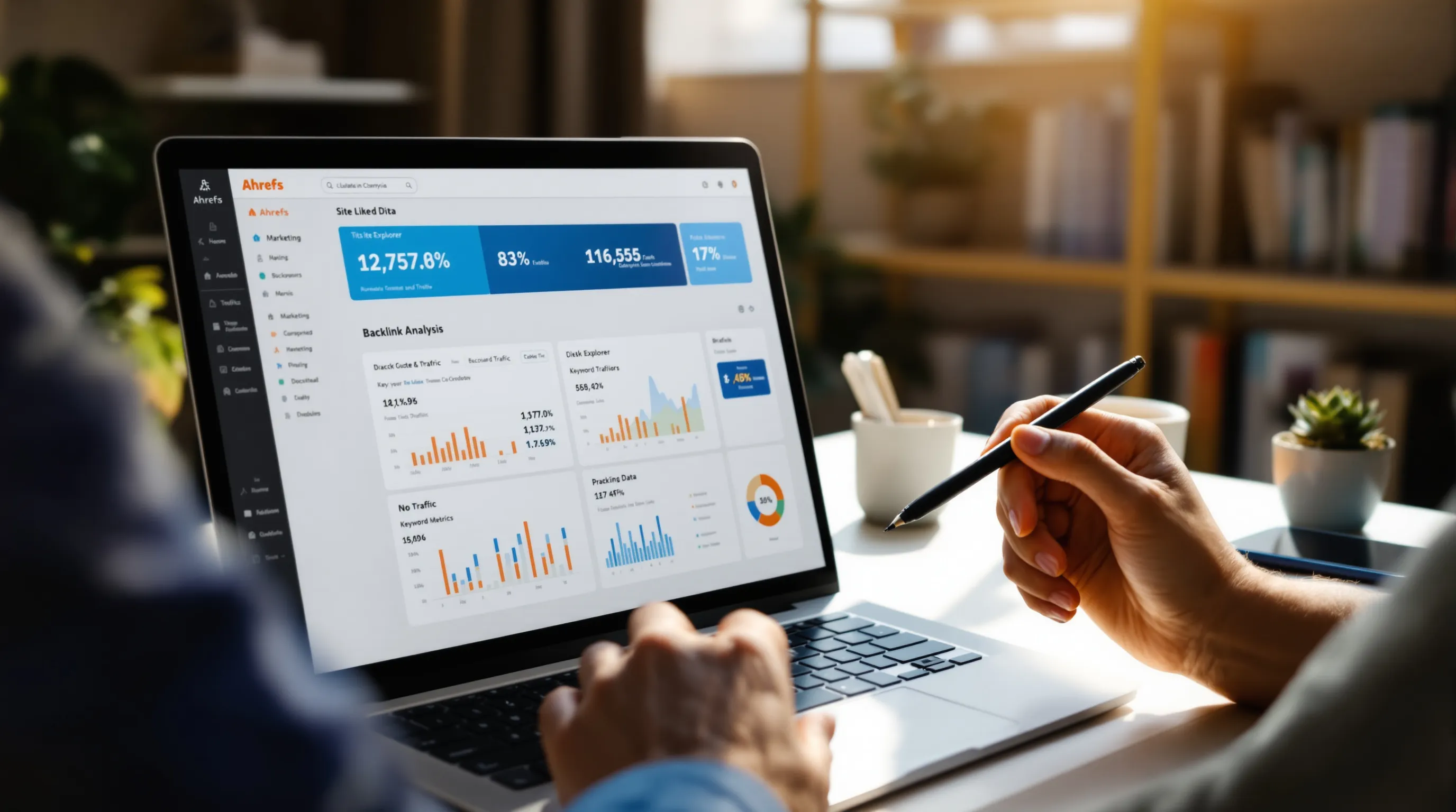 Laptop screen showing Ahrefs SEO dashboard with analytics and backlink data in modern office.