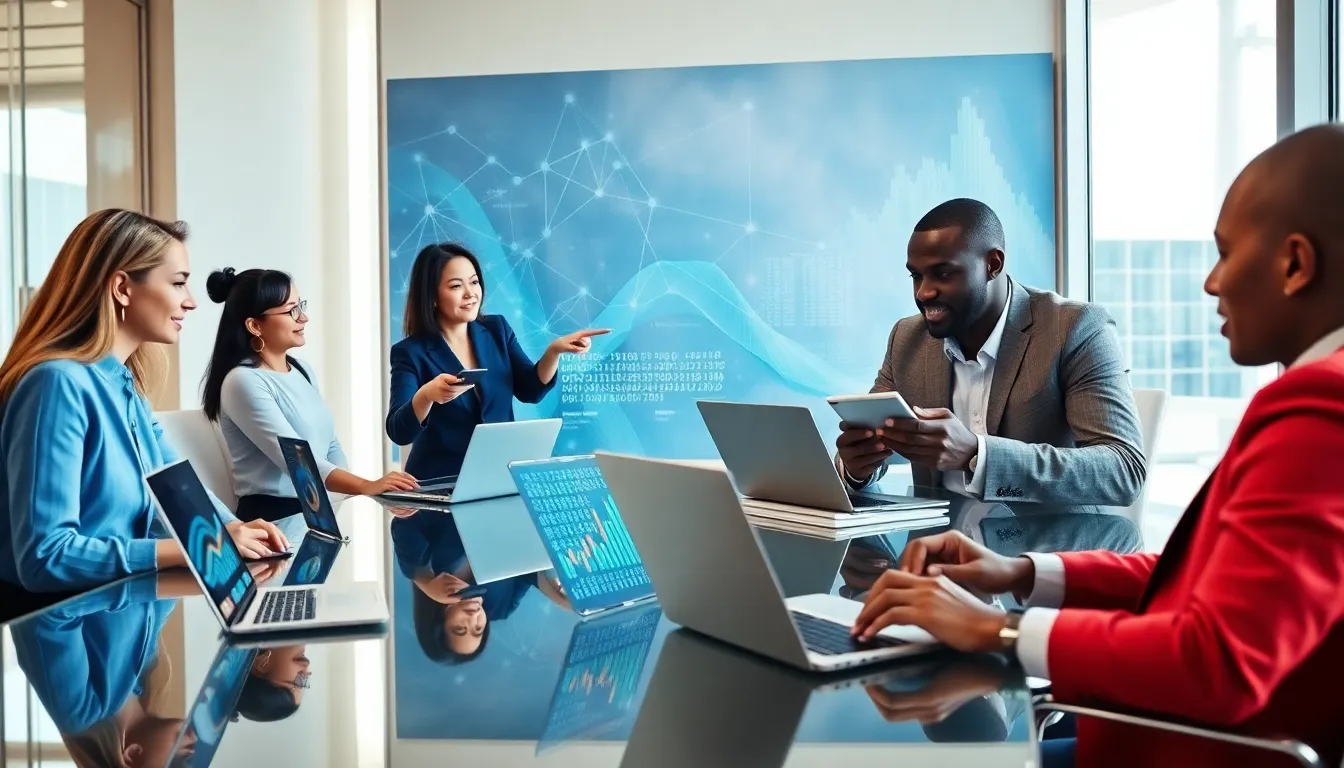 diverse professionals discussing fintech insurance in a modern office.